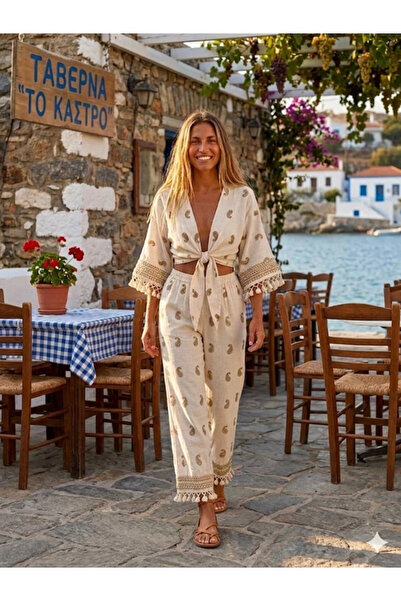 Glamorous Style Γυναικείο Boho Σετ Μπολερό με Κρόσια και Παντελόνα