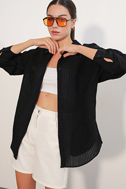 Modamorfo Women's Striped Oversize Shirt 20409 - Black