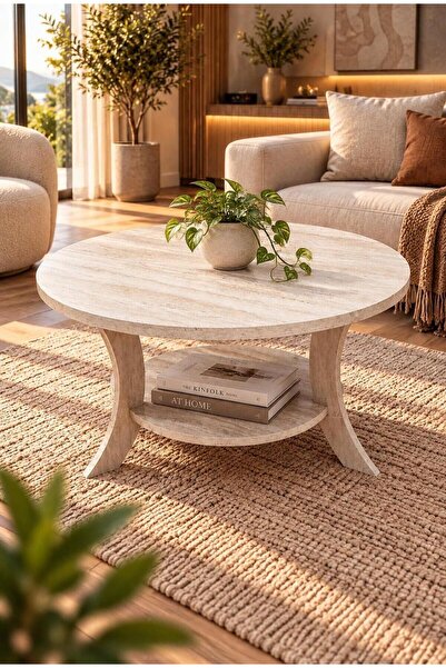 menalART Ağaç Tasarım Orta Sehpa Traverten Desen 75 cm Çap - MDF Ayak 46 cm Y...