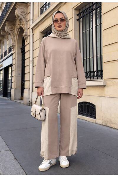 Aselim Hijap Moda طقم رياضي فيترا مودال بغطاء رأس وجيب - بيج