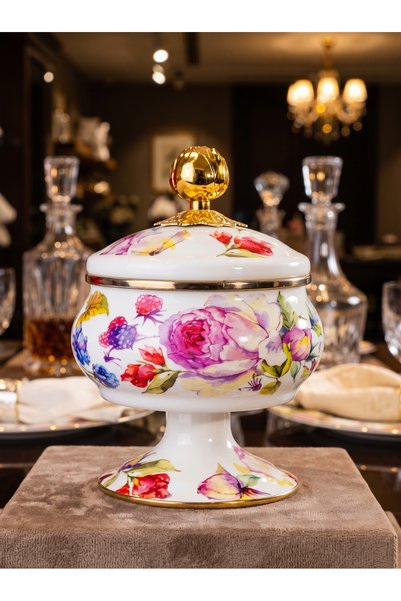 zaTen Pazar Rose Patterned 3-Piece Luxury Enamel Tea and Presentation Set (Teapot, Standing Sugar Bowl, Tray)