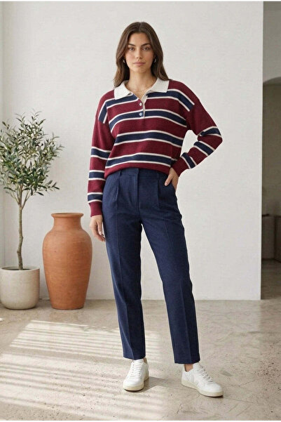 unika boutique Ženski prugasti pleteni džemper sa polo kragnom