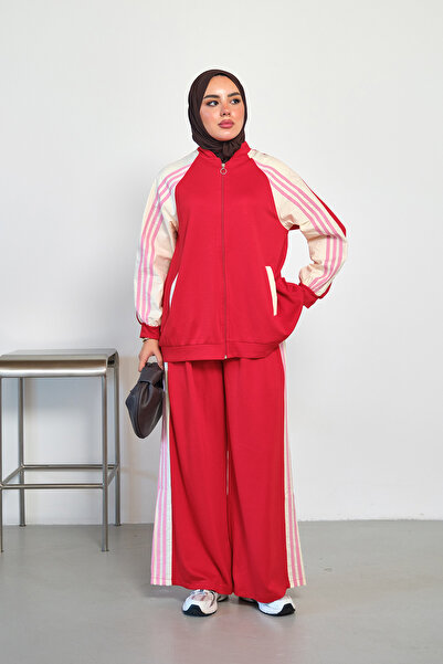 LOCCO Kadın Çift Renk Şerit Detaylı Takım Kırmızı