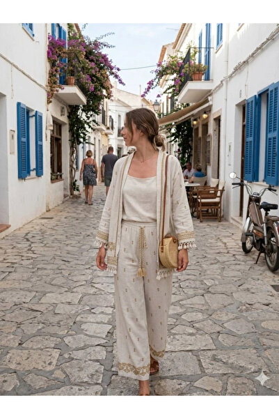 Glamorous Style Γυναικείο Boho Σετ Κιμονό με Κρόσια και Παντελόνα