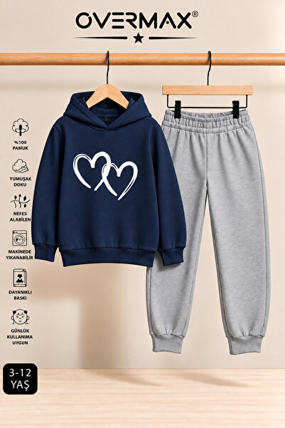 OVERMAX Double Heart Printed Children's Hooded Sweatshirt Tracksuit Set – Age...