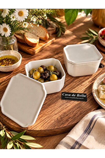CASA DE BELLA Pure White 2 Li Kare Kapaklı 9 cm X 9 cm Porselen Kase Kahvaltı...