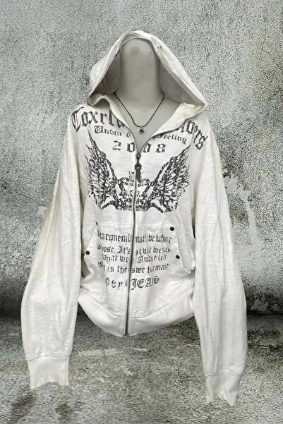 BALİNA Gri Melanj Crown Wings Gotik Y2K Kapüşonlu Unsiex Hırka