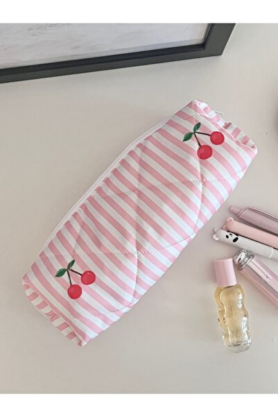 Lulishop Cherry Pembe Çizgili Kapitone Kalemlik – Çok Amaçlı Kumaş Kalem Kutu...