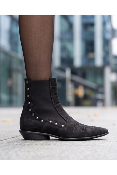 futsi shoes AVALON Siyah Hakiki Kroko Süet Deri Lastikli Zımbalı Kadın Bilek ...