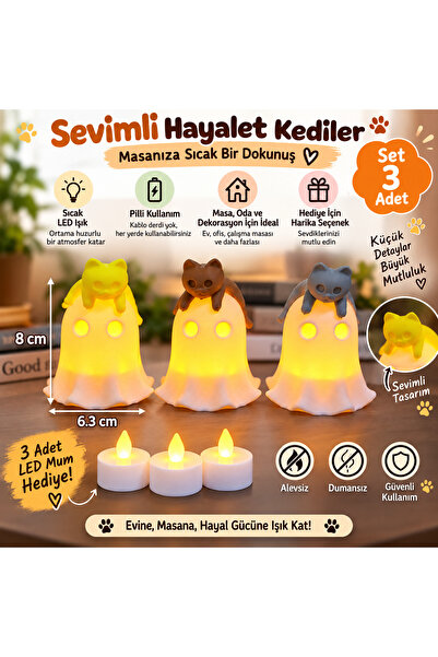 PİYATECH 3'lü Hayalet Kedi LED Dekoratif Lamba Seti – Pilli Gece Lambası 8CM ...