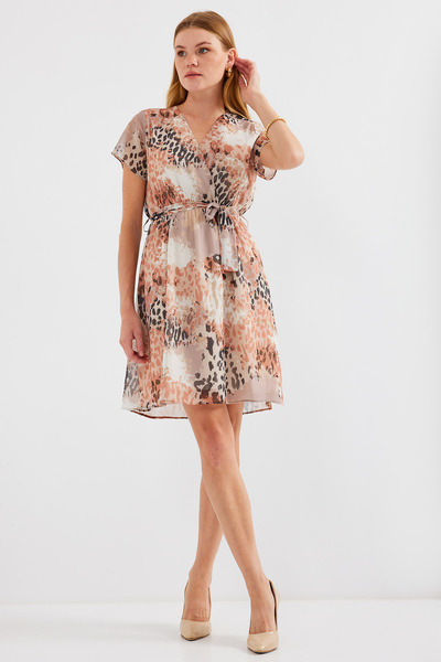 Modamorfo 2502 Short Sleeve Patterned Chiffon Dress - Beige
