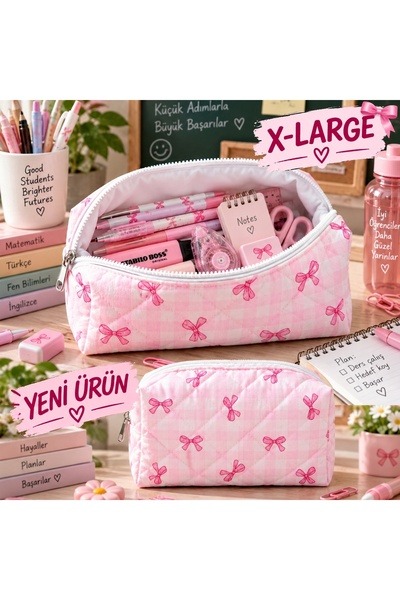 dekado Pembe Pötikare Kurdele Desenli Kalem Çantası - Kalemlik X- Large ( YEN...