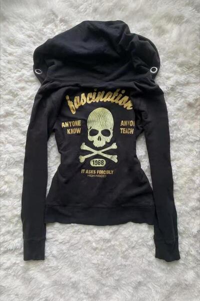 BALİNA Siyah Fascination Skull Gotik Harajuku Y2K Kapüşonlu Crop Hırka