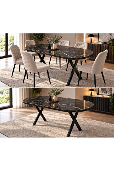 Genel Markalar OVAL YEMEK MASASI, SALON YEMEK MASASI, SİYAH MERMER MDF 90X170...