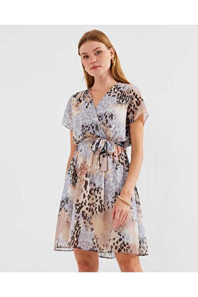 Modamorfo 2502 Short Sleeve Patterned Chiffon Dress - Gray