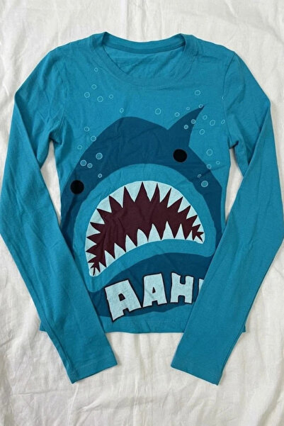 BALİNA Mavi Shark AAHH! Y2K Uzun Kollu Crop