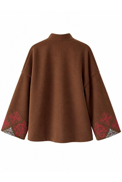 Retrobird Runa Etnik Nakışlı Oversize Kaşe Ceket Kadın Kahverengi
