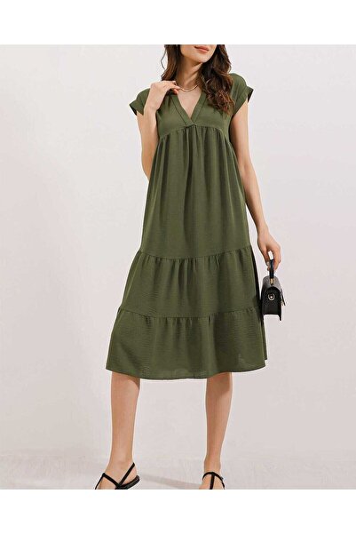 Modamorfo 2398 v-neck ruffled dress - khaki