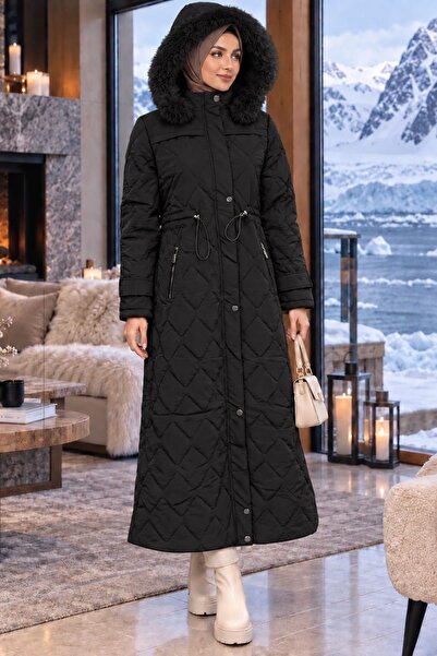 HİRAMİR Kadın Yeni Sezon Beli Bağcıklı Fermuar Detaylı Novam Kumaş Mont Siyah...