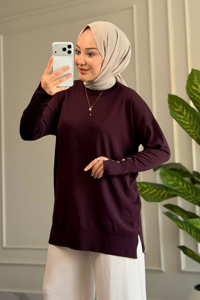 Suede Style 44016 - Şık Rahat Yumuşak Pamuklu-Polyester Kumaş Bilek Düğme Det...