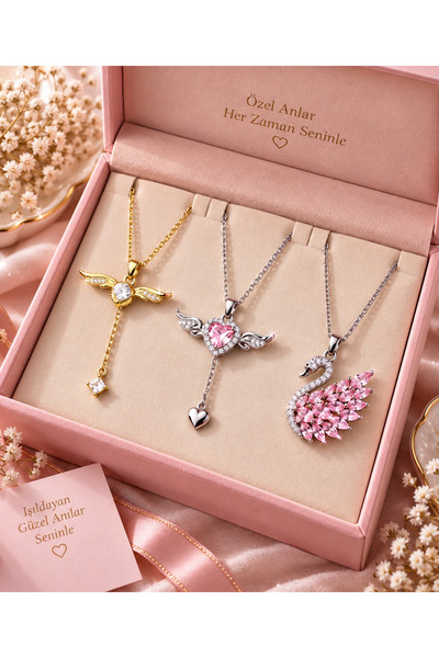 shop 3’LÜ ÇELİK KOLYE SETİ (2 SEVGİ MELEĞİ+KUĞU KOLYE)