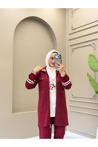 moda4b Women's 3-Piece Tracksuit Set – Long Top with Zipper Pockets, Hijab, Casual Two-Thread Set N-05554 _ Burgundy