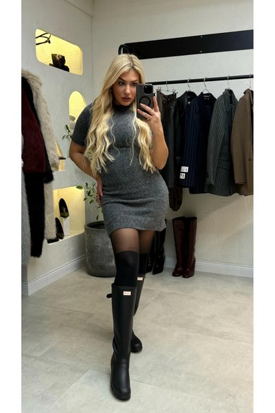 liya butik Antrasit Triko Elbise