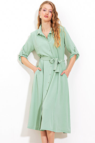 Modamorfo Women's Mint Belted Shirt Dress 2442