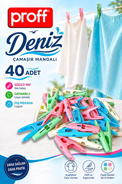 Proff Deniz 40'lı Çamaşır Mandalı - Güçlü Yaylı İz Bırakmayan Pastel Renkli M...