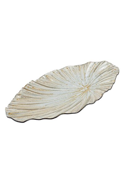 OEM Platou Decorativ de Craciun din Sticla Frunza Argintie Bej cu Glitter 36x...