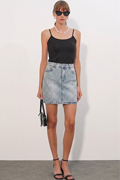 Modamorfo Women's Polka Dot Mini Denim Skirt 8086 - Blue