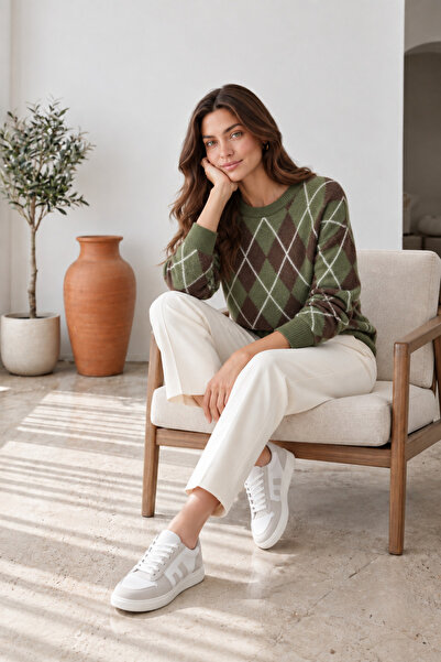 unika boutique Γυναικείο πλεκτό πουλόβερ με λαιμόκοψη με σχέδιο μπακλαβά