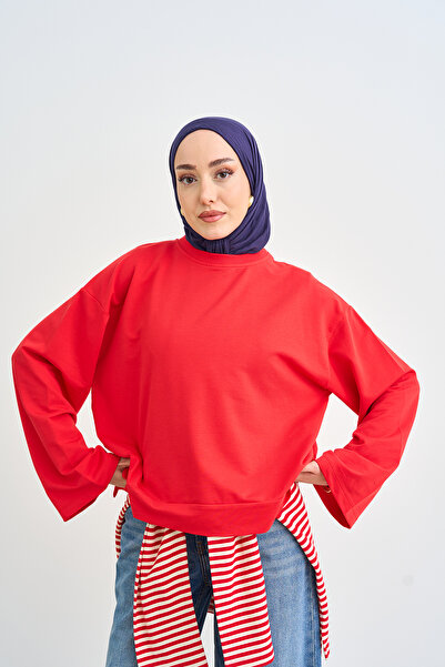 LOCCO Kadın Bisiklet Yaka Sweatshirt Kırmızı