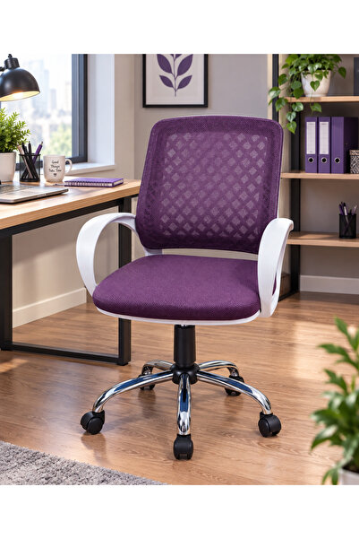 VİZYON SEPET Mor Ergonomik Fileli Ofis Çalışma Koltuğu - Beyaz Çalışma Koltuğ...