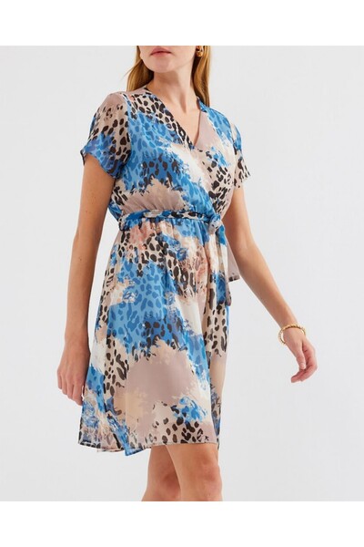 Modamorfo 2502 Short Sleeve Patterned Chiffon Dress - Blue