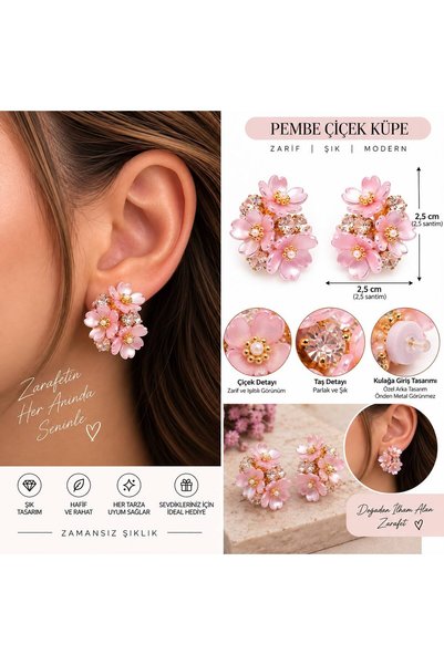 Mutkin Kadın Pembe Çiçekli Taşlı Çivi Küpe 2,5 cm Şık Abiye Küpe