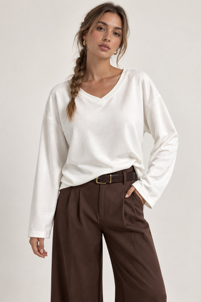kikiriktekstil 11017 Kadın V Yaka Geniş Kol Penye Sweatshirt