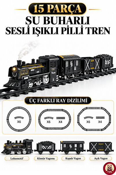 giffy Oyuncak 15 Parça Su Buharlı Oyuncak Tren Seti Işıklı Sesli Pilli 3 Fark...