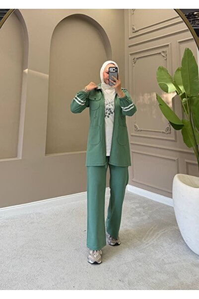 moda4b طقم بدلة رياضية نسائية من 3 قطع - طقم ملابس رياضية طويل بجيب بسحاب وقم...