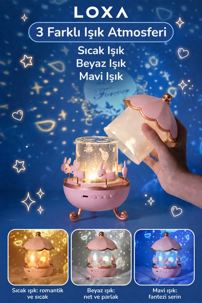 LOXA Tavşanlı Bluetooth Müzikli Şarjlı 360° Döner Yıldız Projeksiyon Gece Lambası, 5 Film ve 3 Işık Rengi