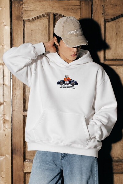 The Champ Clothing Erkek Oversize Hoodie Car Bear Baskılı Beyaz – Kapüşonlu, ...