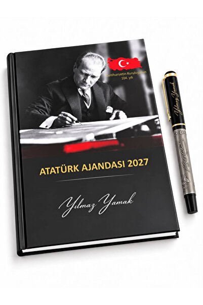 Halk Kitabevi Kişiye Özel 2027 Atatürk Ciltli Ajanda ve 661-R Kabartma Figürlü Metal Roller Kalem Y35