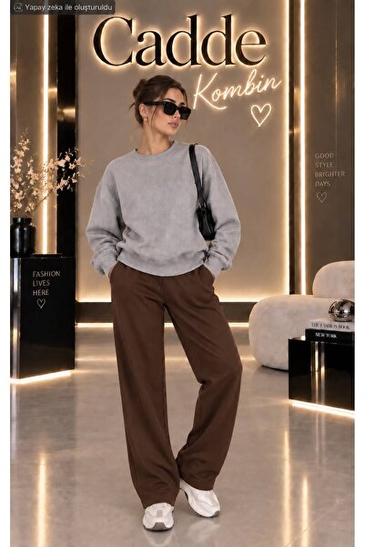 caddekombin Women's Sweatpants - Wide Leg High Waist Knitted Bottoms with Poc...