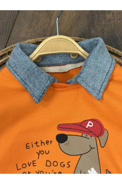 Bolly Baby Polo Collar Cute Dog Printed Detachable Collar Lycra Jeans Pants 3-Piece Baby Boy/Child Set