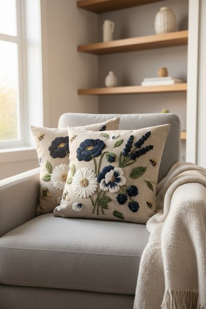 Softifyhome ⁠ Set of 2 Digital Printed Throw Pillow Covers Navy Blue Floral Pattern Double-Sided Printed Raschel Fabric Pillowcases 43X43 cm ⁠