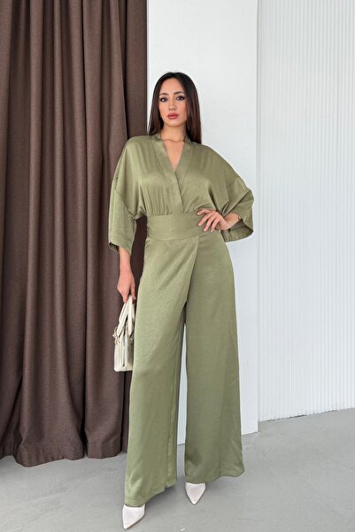 Serica Moda Haki Kruvaze Kuşaklı Geniş Kollu Tulum