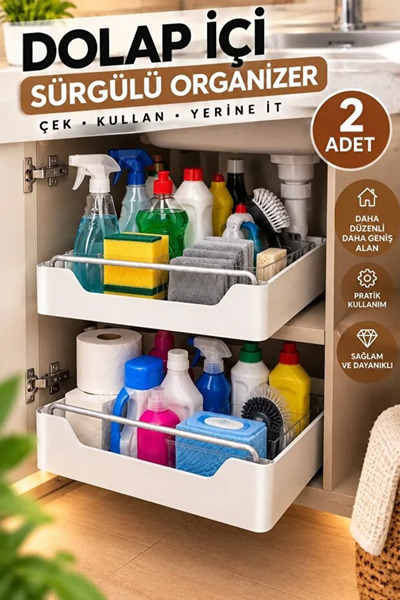 AYGÖREN HOME 2 Adet Dolap İçi Raylı Organizer Raf Sürgülü Çekmece Düzenleyici...