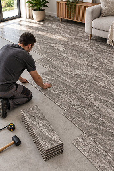 25x70 Cm (6 Adet 1 m²) Lvt Kendinden Yapışkanlı Açık Traverten Dokulu Yer Zemin Kaplama Paneli