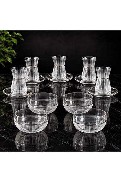 Elta Collection 16 Parça Çay Seti 4'lü Cam Kase + 6 Bardak + 6 Tabak Gold - G...