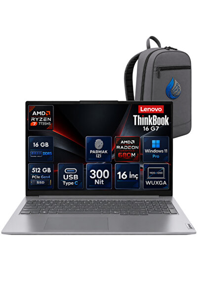 ThinkBook 16 G7 ARP AMD Ryzen 7 7735HS 16 GB DDR5 512 GB SSD Radeon 680M 16'' WUXGA IPS Windows 11 Pro Dizüstü Bilgisayar 21MW0083TRRNP01